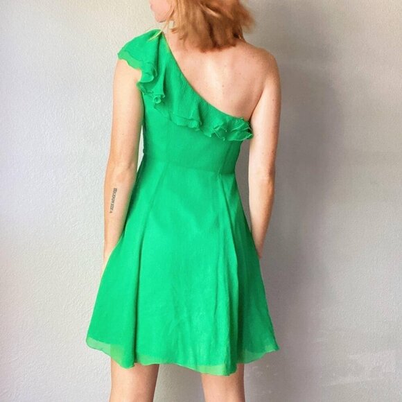 Armani Exchange Silk Green One-Shoulder Fit & Flare Ruffle Sundress Women 2 - Picture 3 of 16